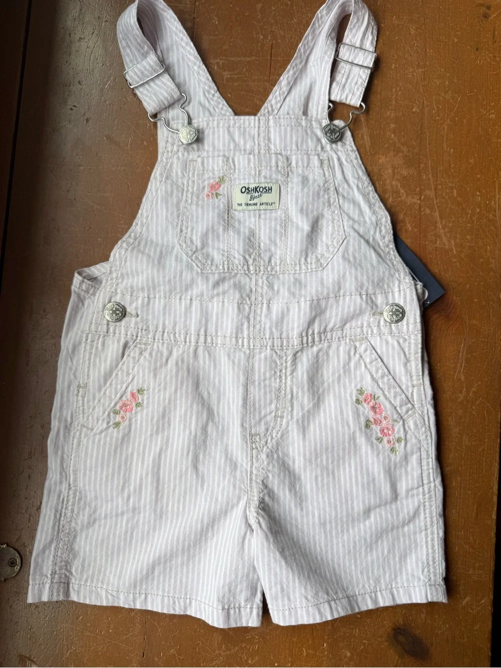 OshKosh B'gosh Light Pink Stripe Short Overalls with Floral Embroidery